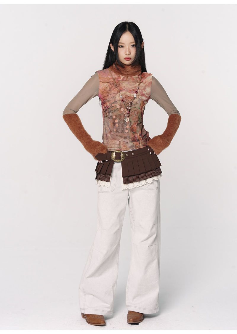 CONFUN original floral orange printed fur patchwork high-neck mesh base