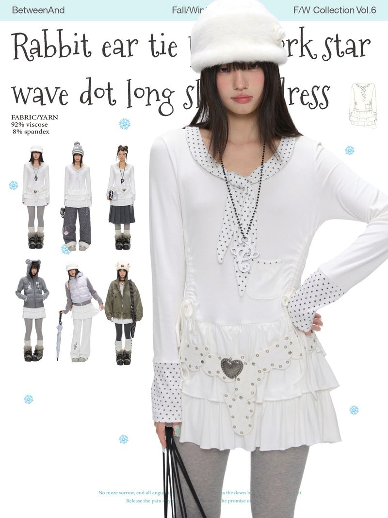 BETWEENAND "Rice White Melody" Winter Tie-Patterned Star Polka Dot Long Sleeve Multi-Layer White Dress