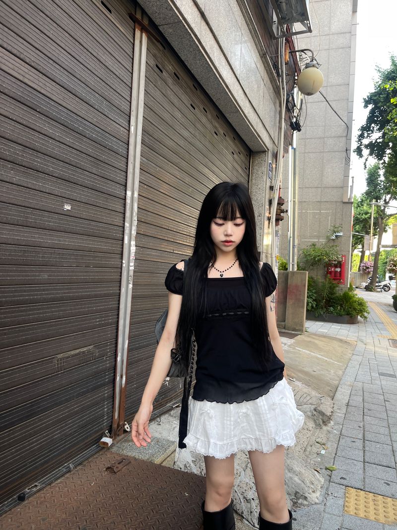 Tommy off-shoulder ribbon sheer top