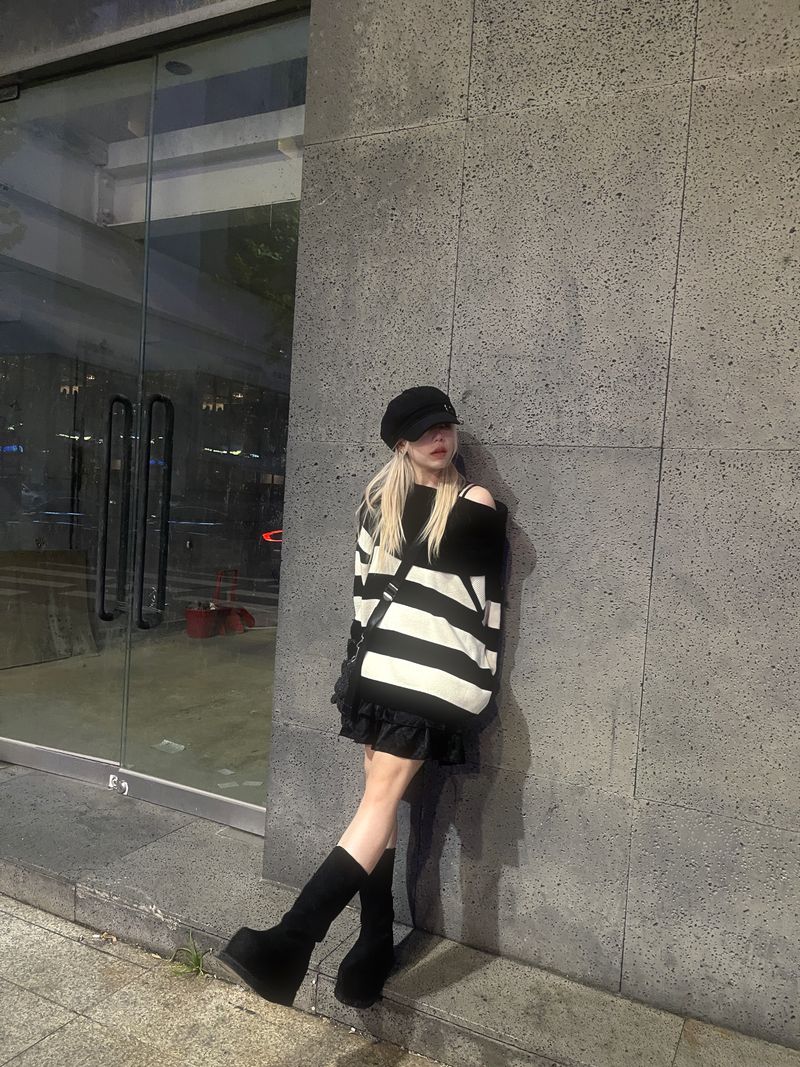 Off-shoulder Oversized Fit Stripe Knitwear