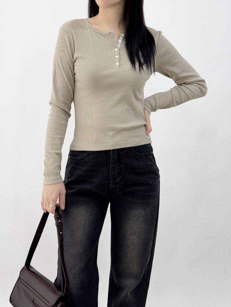 Mik Button Color Block Long Sleeve T-shirt