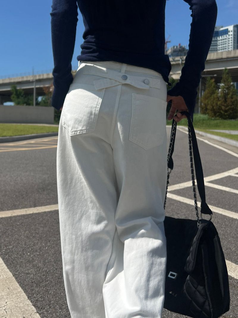 Y2K Back Point X Strap Bijo Wide Loose Fit Denim Long Pants (White)