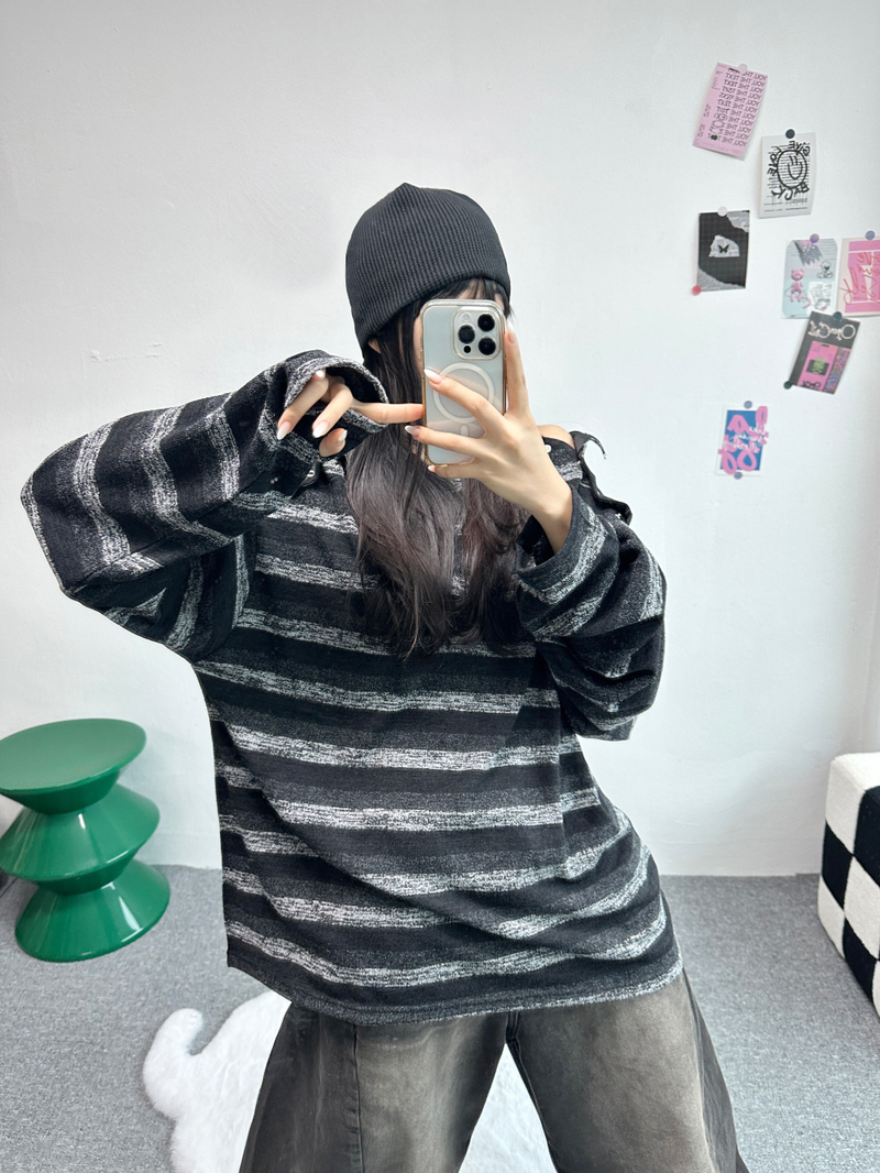SHOULDER SNAP WARMER POINT STRIPED KNIT🤎🖤🧸 - 2 COLORS