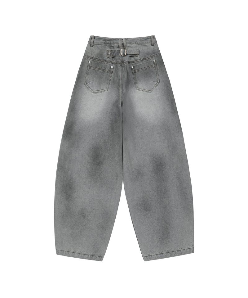 Dirty Washed Balloon Wide Denim Pants - LIGHT GRAY