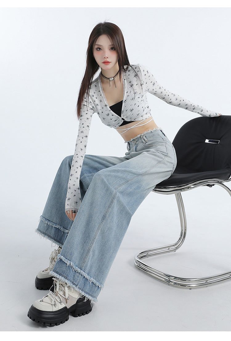 Gradient Blue Raw-Edge Wide-Leg Denim Pants