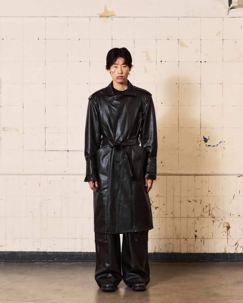 Curved Leather Trench coat (Black)