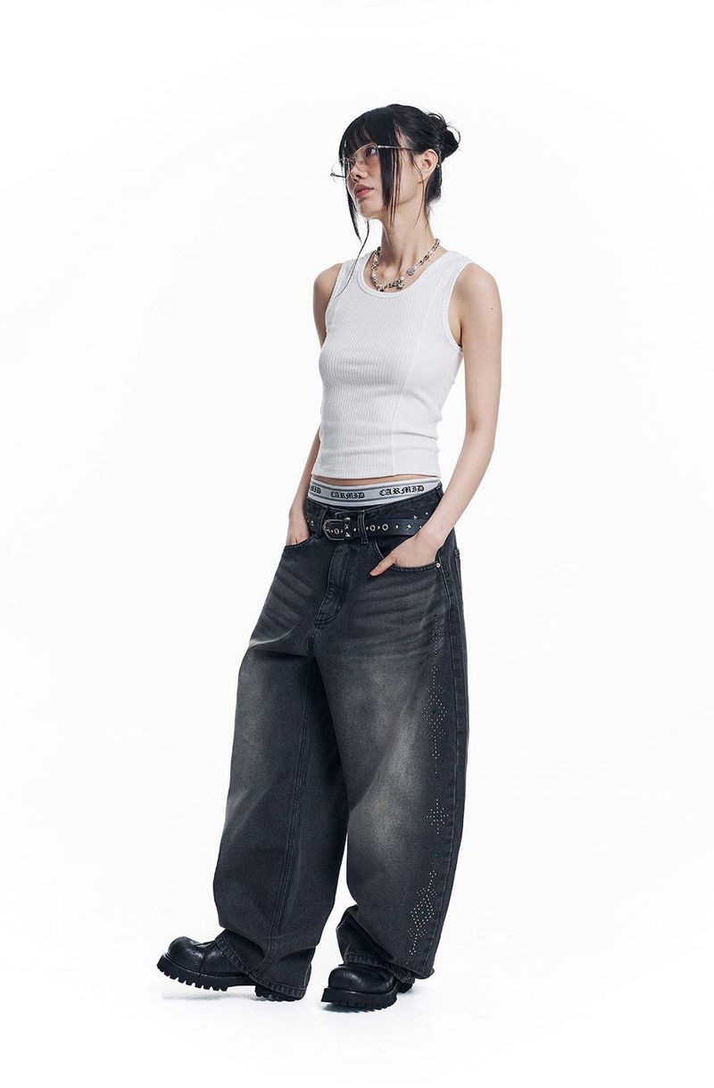 Curved Western Stud Denim Pants - Black