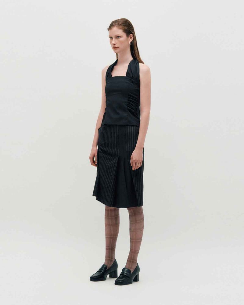 Wide Tie Stripe Halter Top _ BLACK