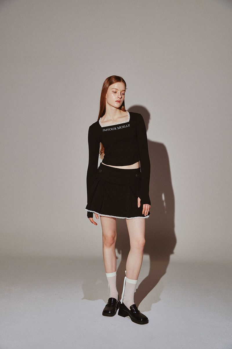 Square Neck Lace Long Sleeve Black