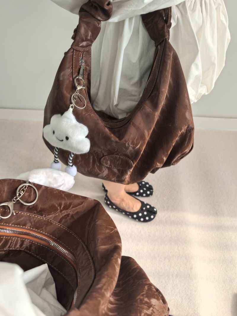 Cloud doll key ring bag denim washed leather wave pattern wrinkle strap zipper shoulder bag