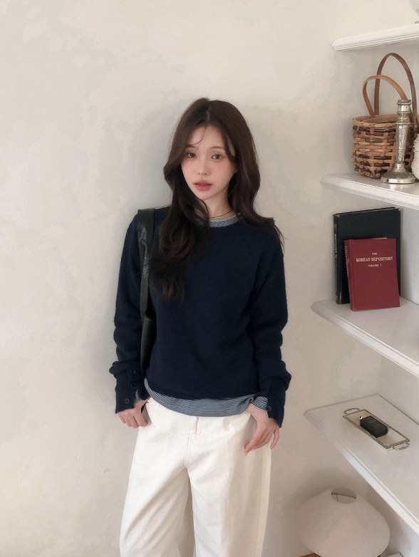 Sleeve Button Loose Wool Round Knit (4color)