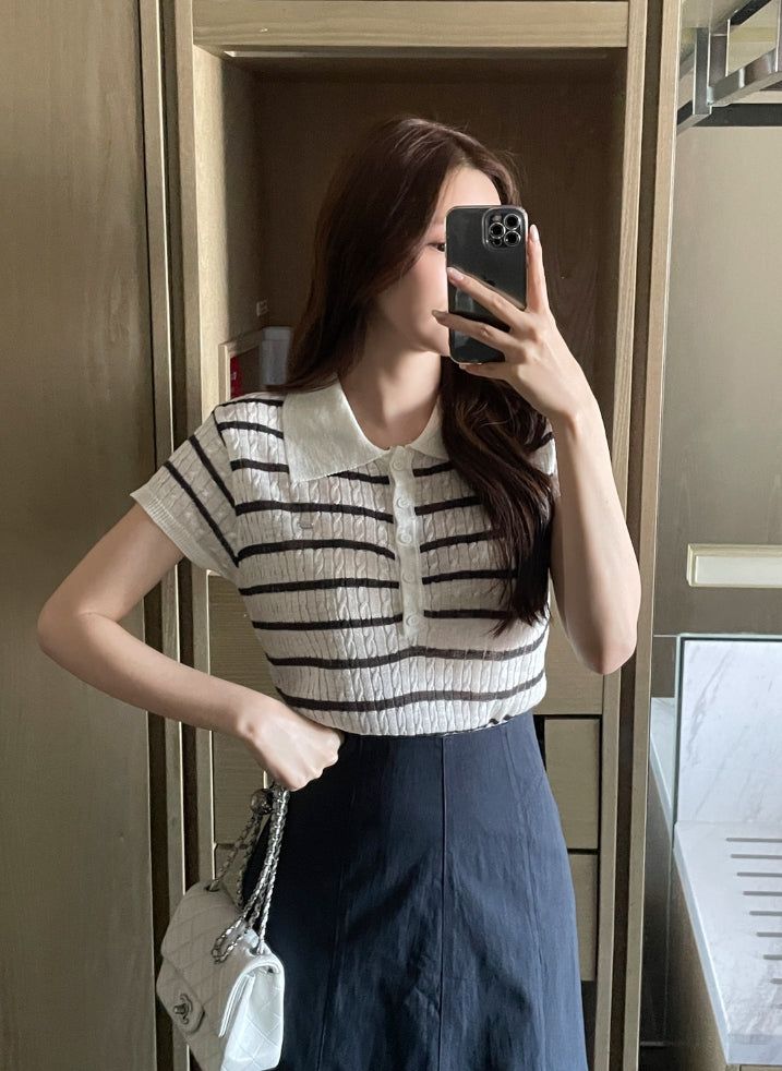 Seden Stripe Half-Button Collar Cool Knit