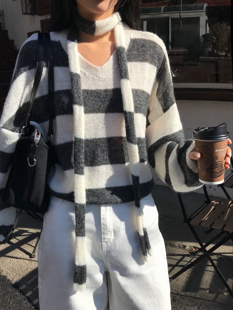 [ORIGINAL] LACKUN Striped Muffler Knit Set