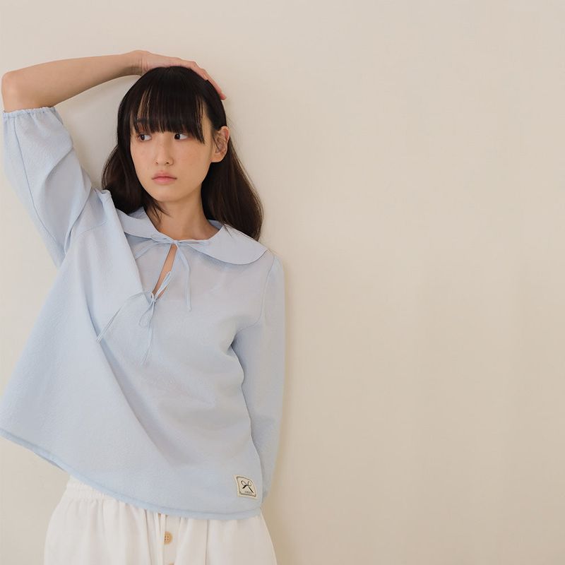 Sky Blue Seersucker Ribbon Blouse