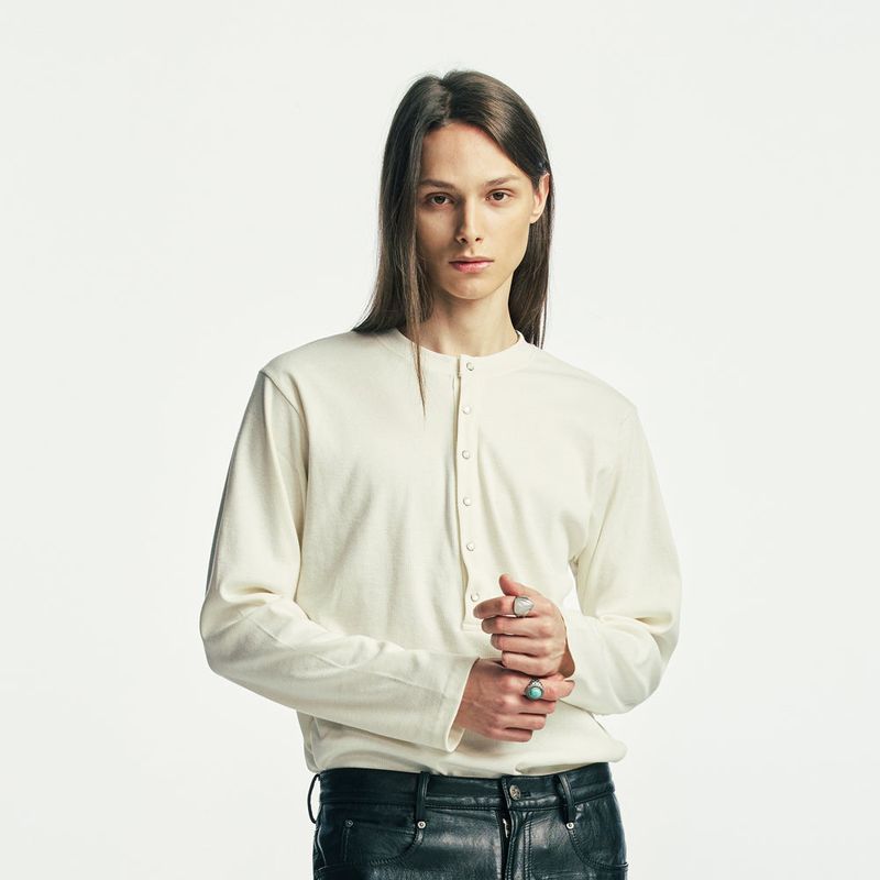 below button-down henry neck long sleeve ivory