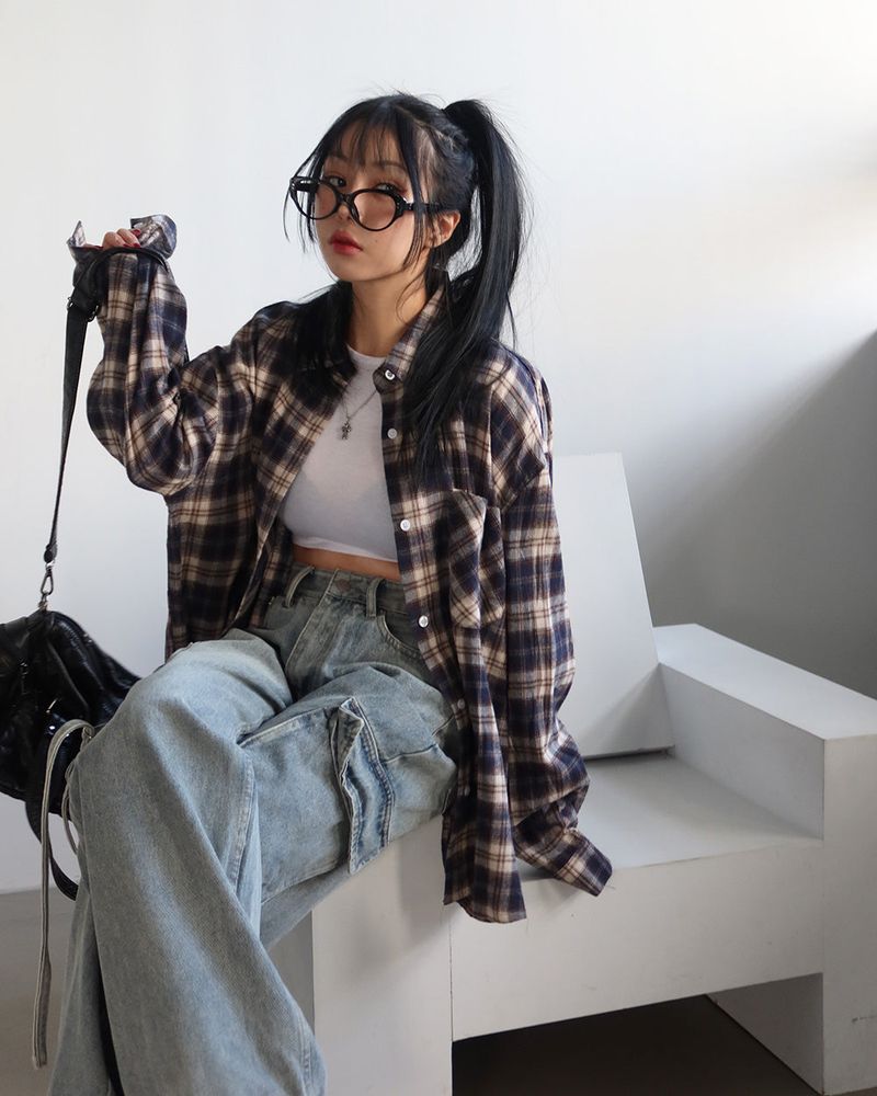a navy checkered shirt
