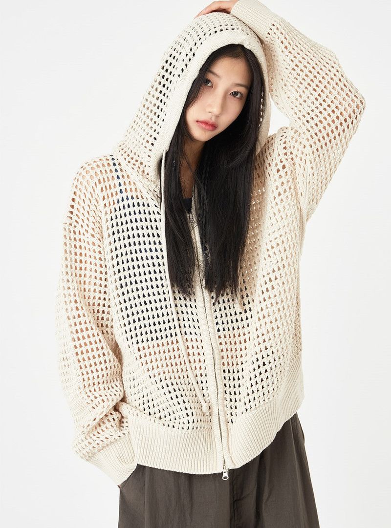 Mesh summer 2-way knit hood zip-up