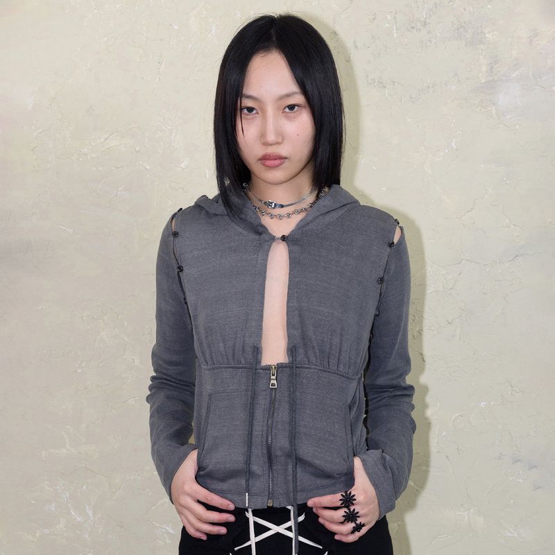 SLEEVE-OFF SHIRRING HOODIE