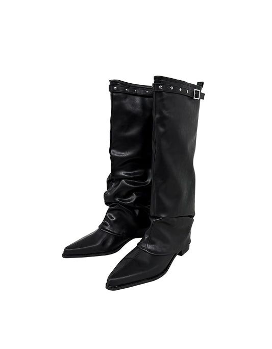 Stud Buckle Shirred Stiletto Long Boots