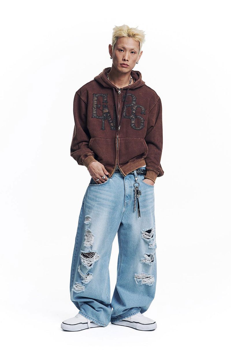Distressed Curved Denim Pants - Light Blue