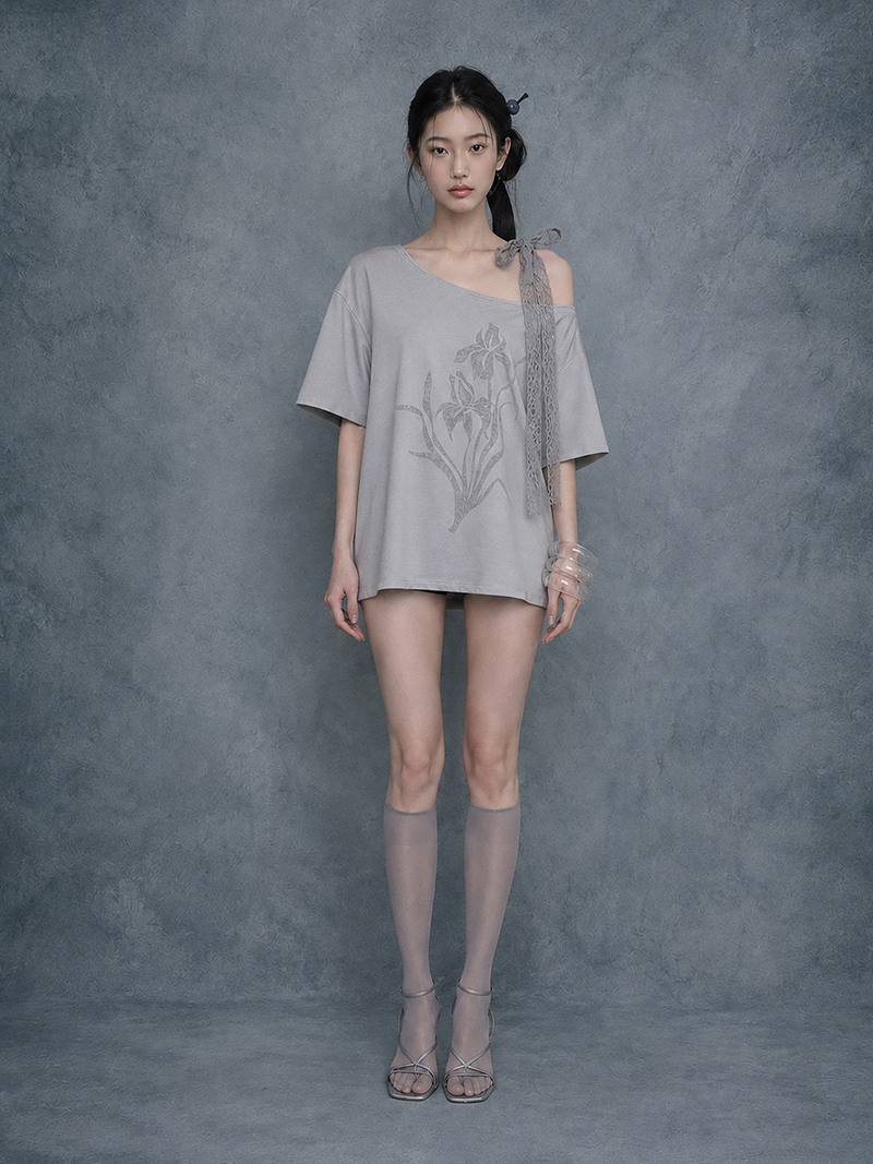 Iris Lace Ribbon Tee #Gray(灰)