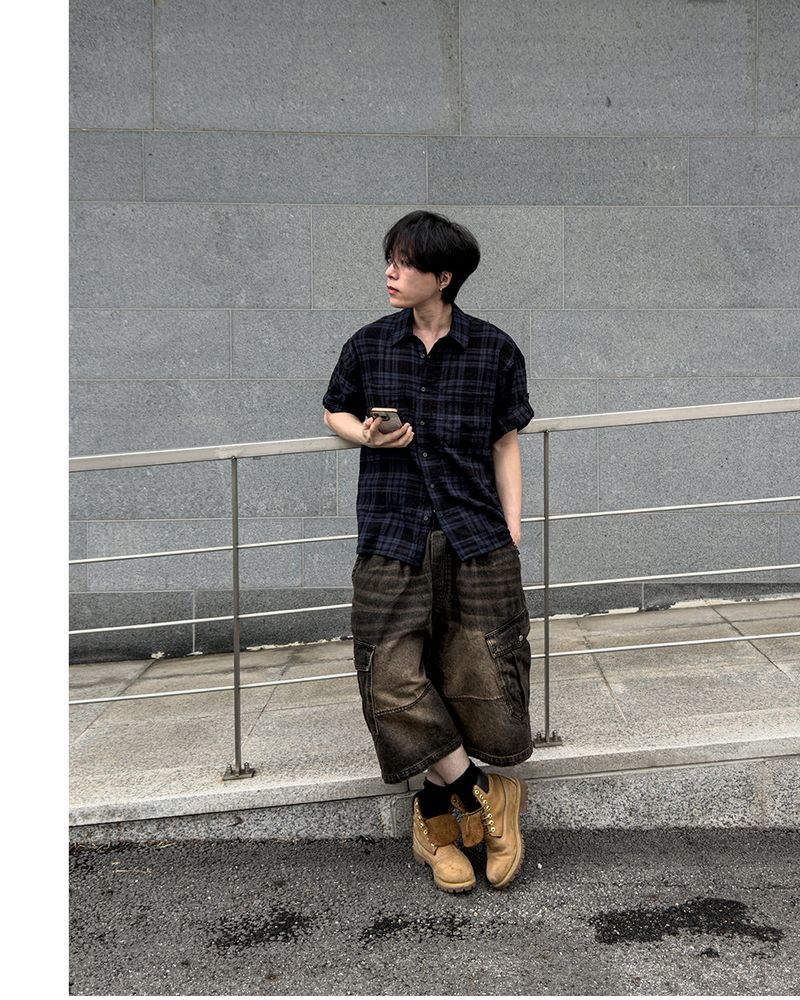 Embossed Texture Check Roll-Up Shirt