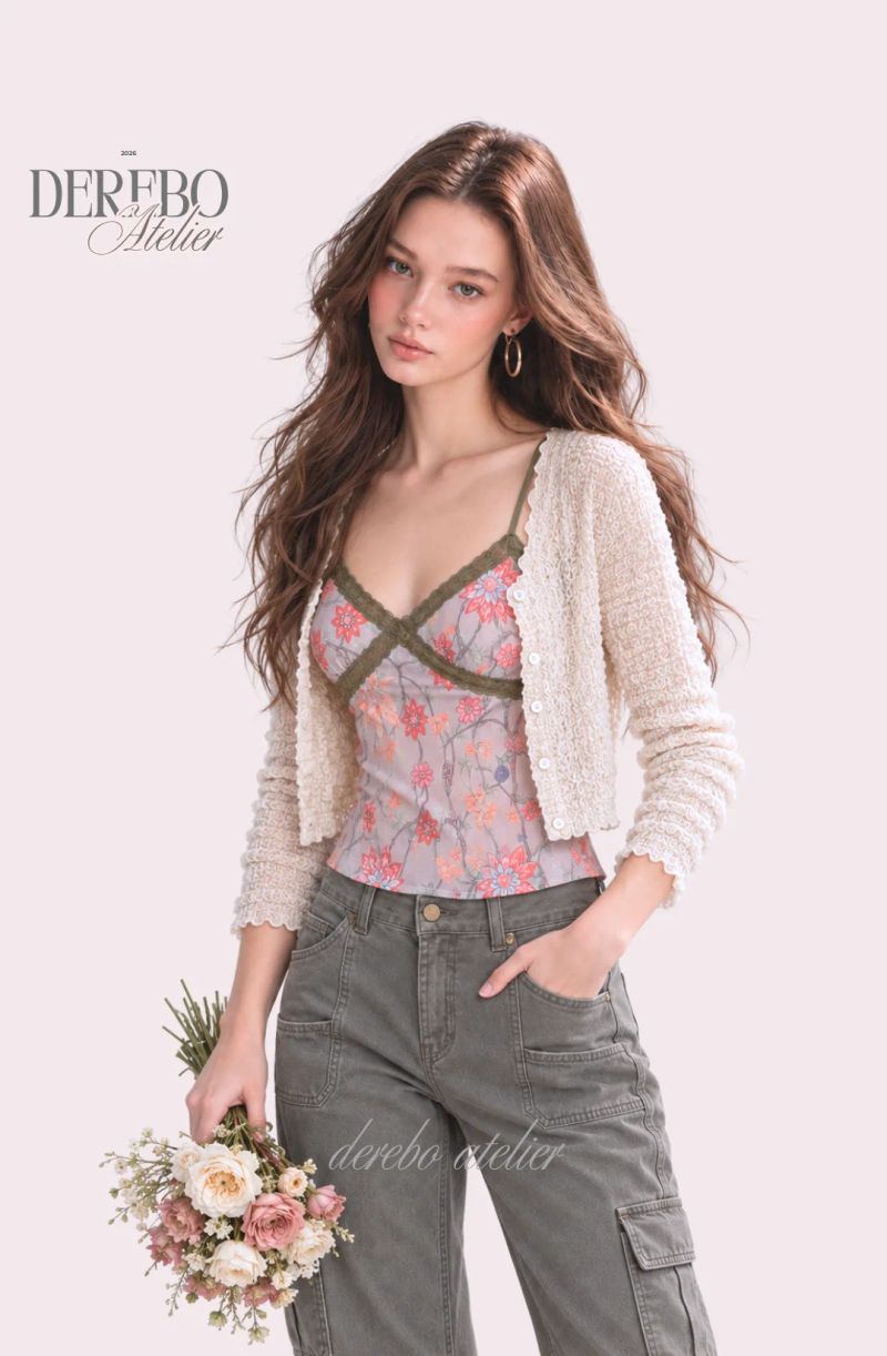 Rene Khaki Sleeveless Cardigan Two-Piece Top