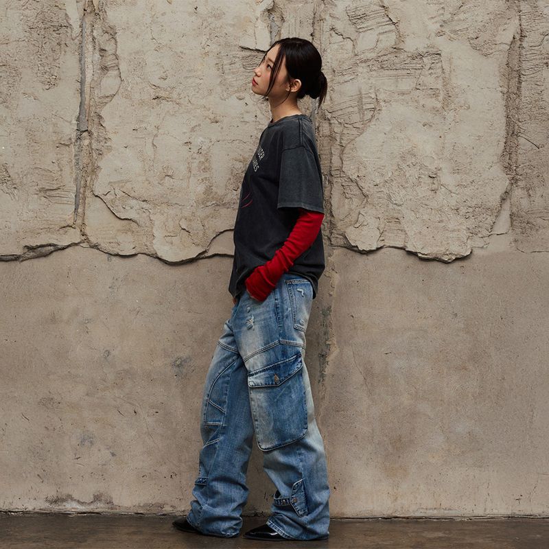 Washed Cargo Denim Detail Pants