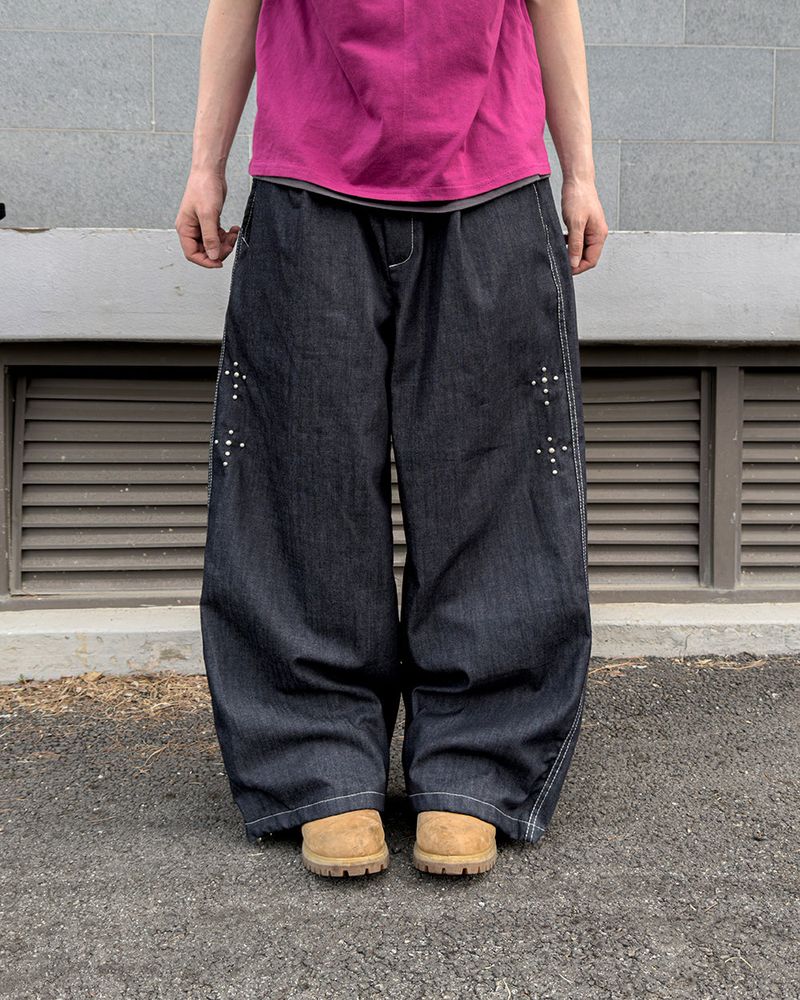 Bone Cross Stud Wide Denim Pants
