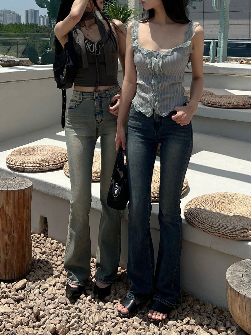 High waist light & deep blue washed bootcut long denim pants (2 colors)