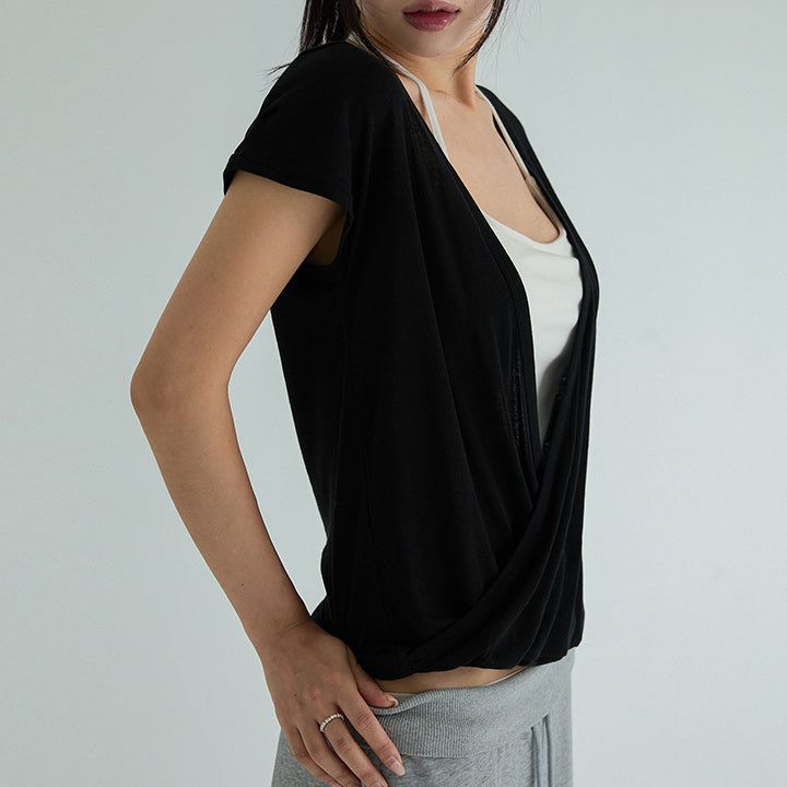 [Azner] Deep V-Neck Wrap Cap-Sleeve T-Shirt - 3 Colors