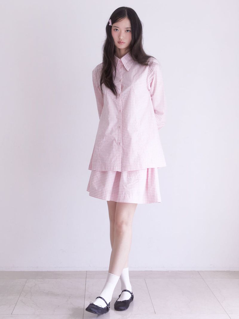 Gingham check pocket shirring mini skirt (PINK)