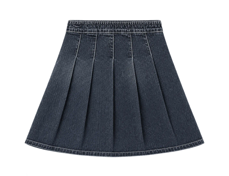STITCH DENIM PLEATS MIDI SKIRT