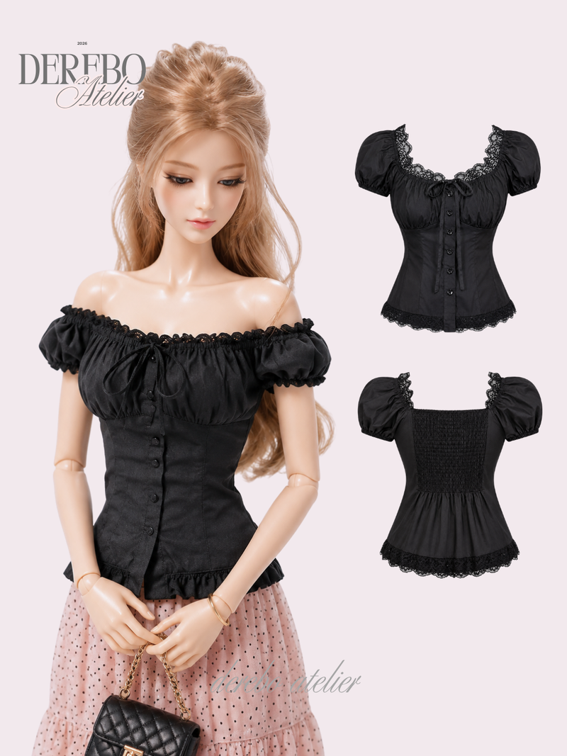 dereborujo（ドレボルゾー）の「Black lace square short-sleeve blouse（Tops）」