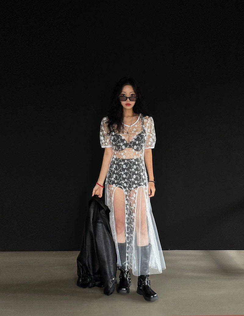 see-through lace long dress