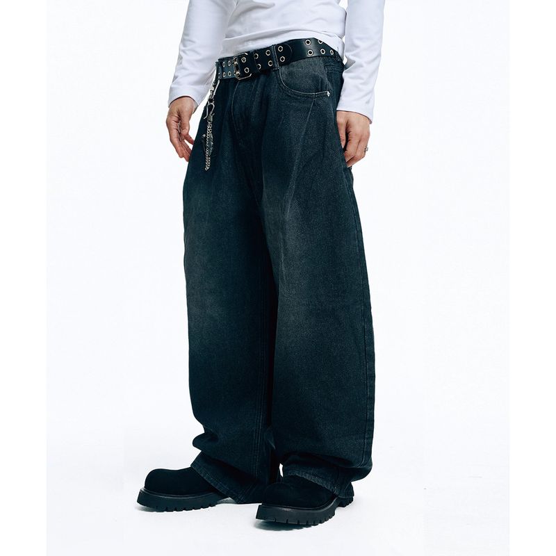Front Pintuck Wide Denim Pants - Black