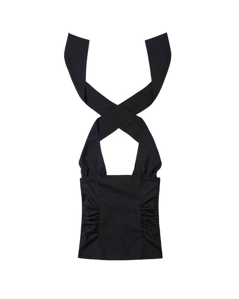 Wide Tie Stripe Halter Top _ BLACK