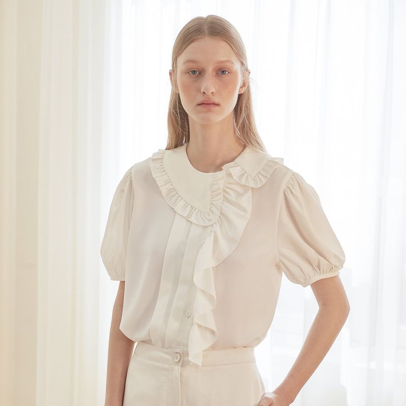 [LINE] Unbalanced Shirring Frill Blouse (Ivory)