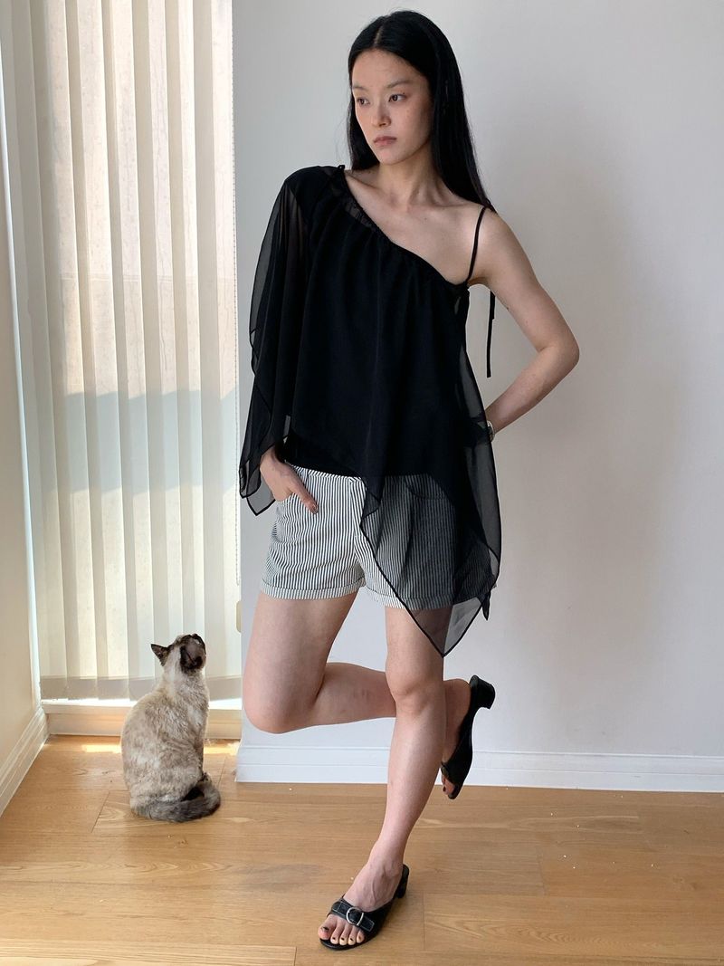 unbalanced chiffon see-through frill blouse