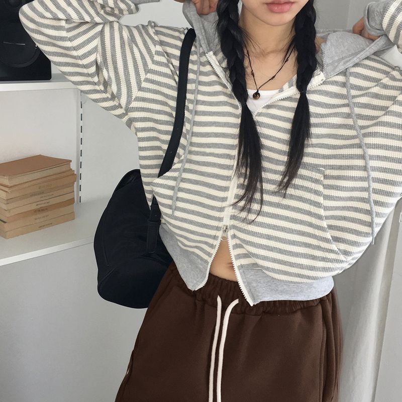 Ternet color striped two-way waffle hood zip-up