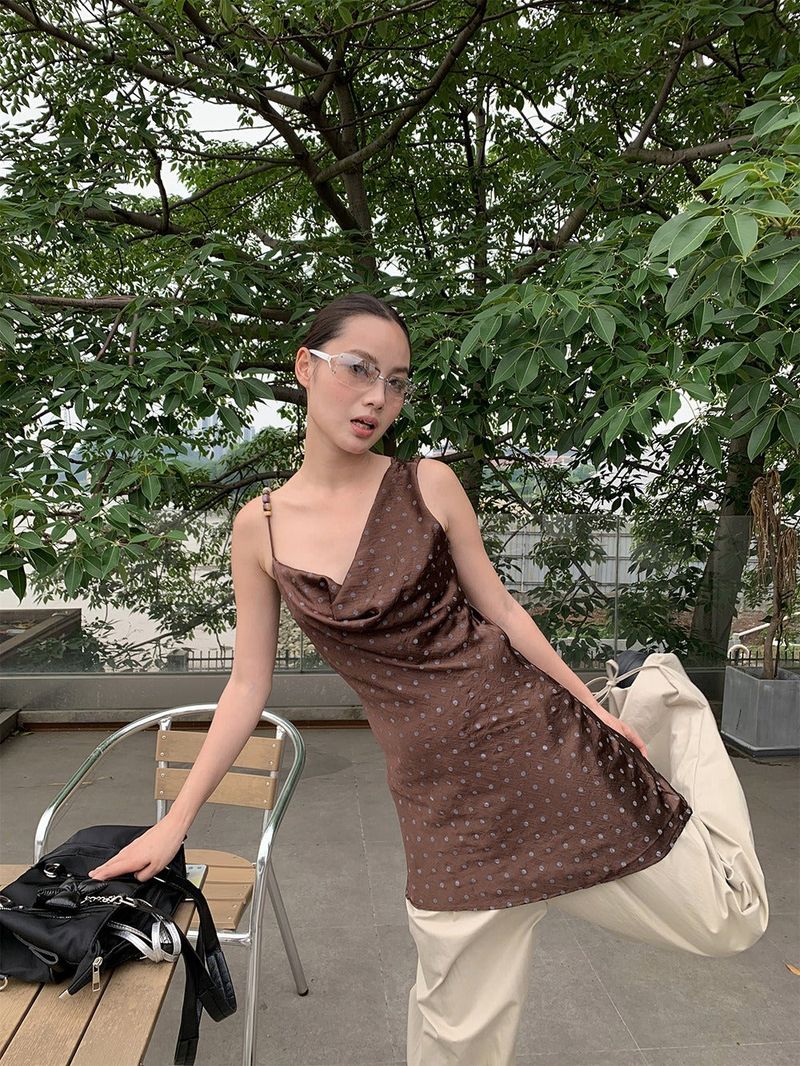 silk dot unbalanced sleeveless blouse top