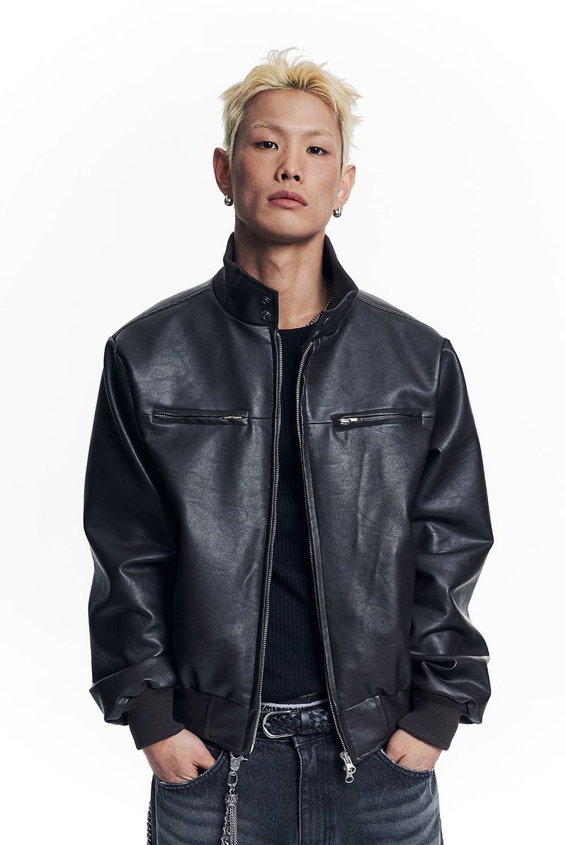 High Neck Leather Crop Jacket - Brown