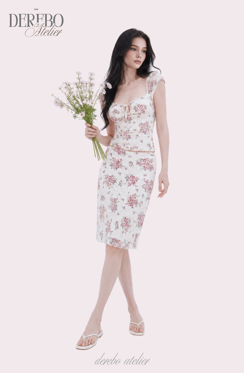 Antique Floral Perfume Skirt Two-Piece Set (blouse+skirt set)