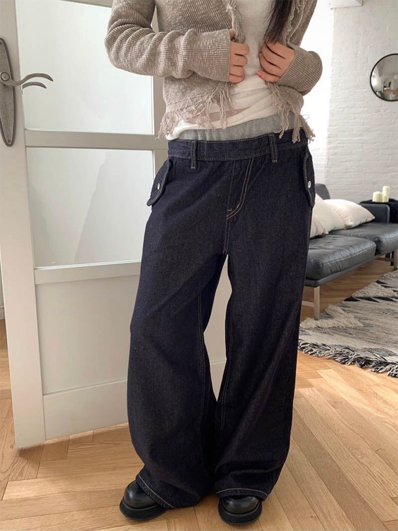 Layered banding denim pants