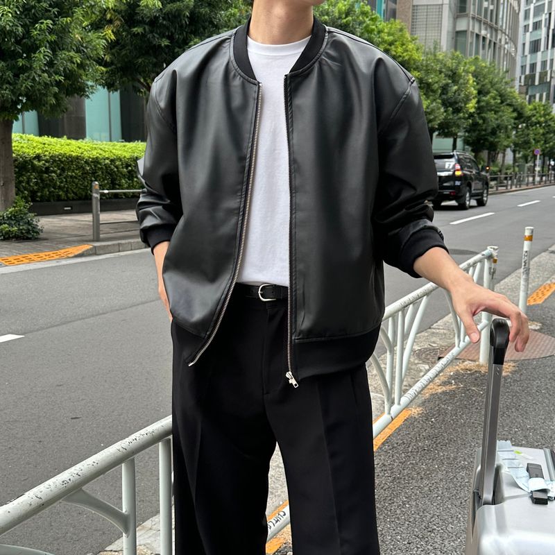 LMN Leather Oversized Fit MA-1 Jumper (Black)