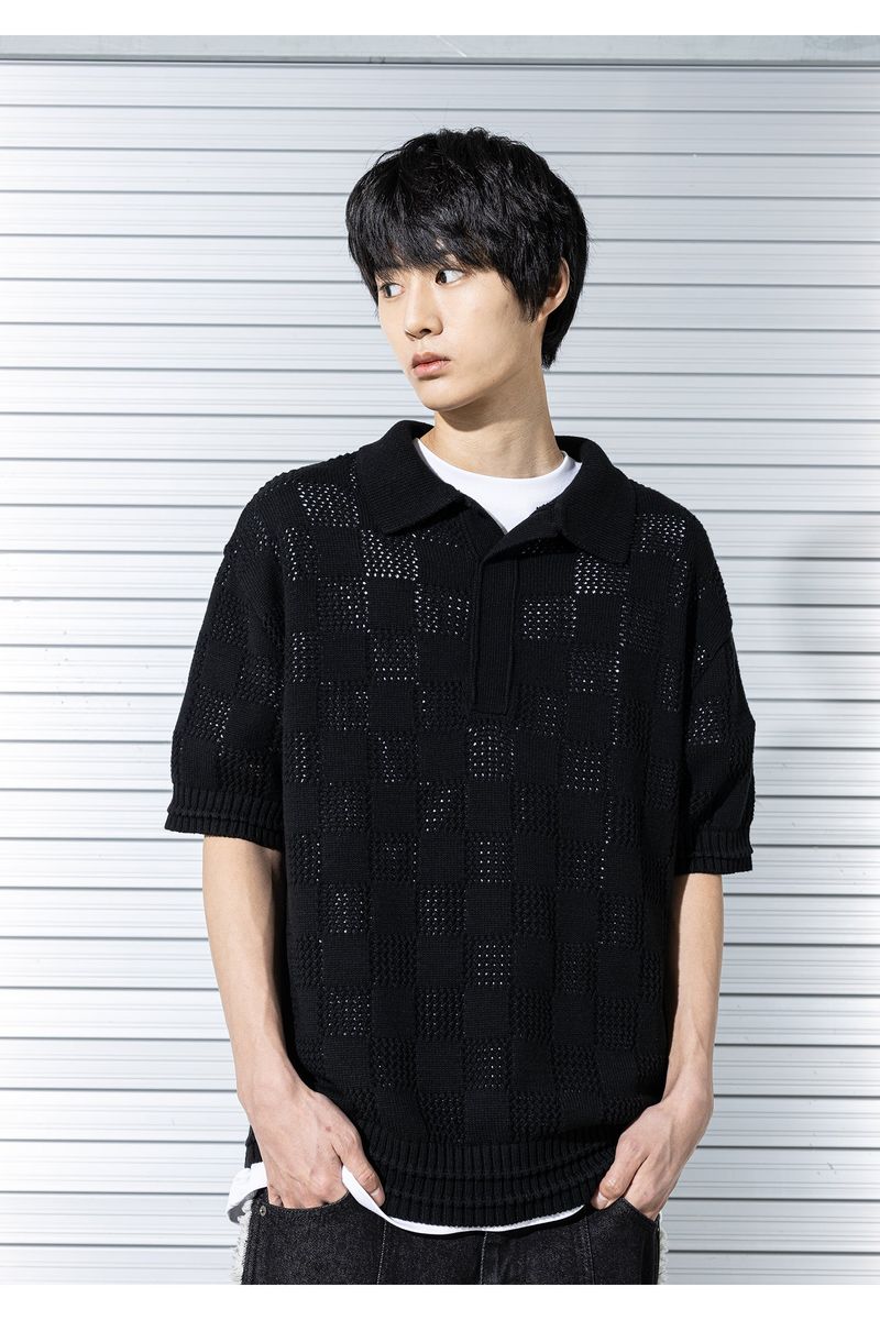 CHECKERBOARD MESHED KNIT HALF SHIRTS