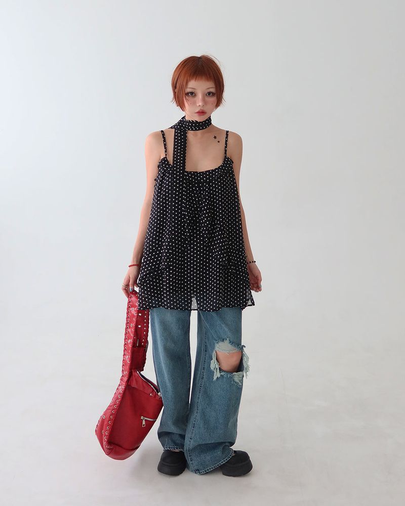 Tie set leopard print dot bustier long blouse