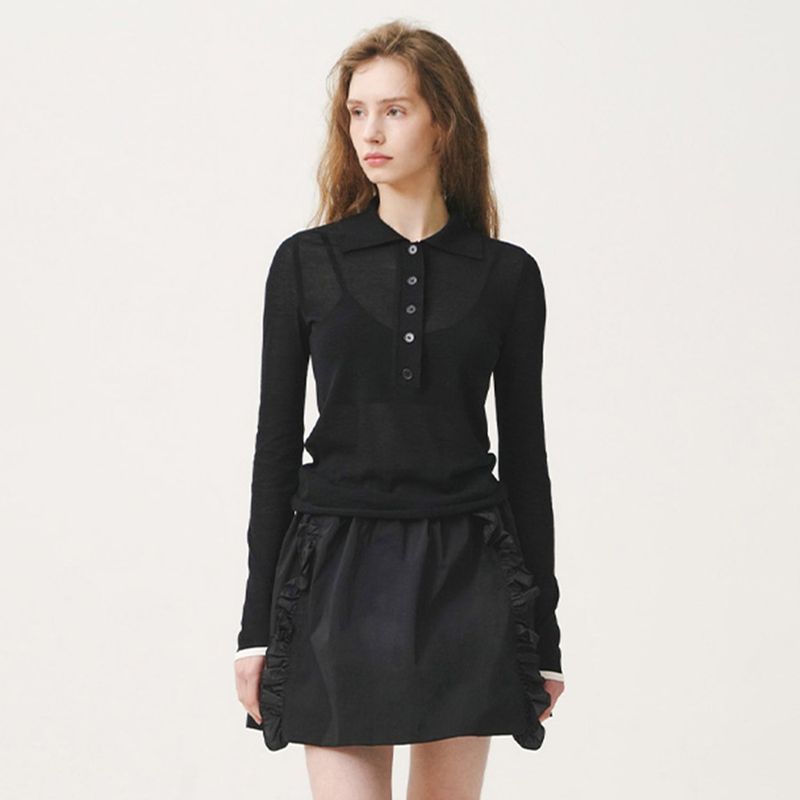 SHEER LONG SLEEVED POLO - BLACK