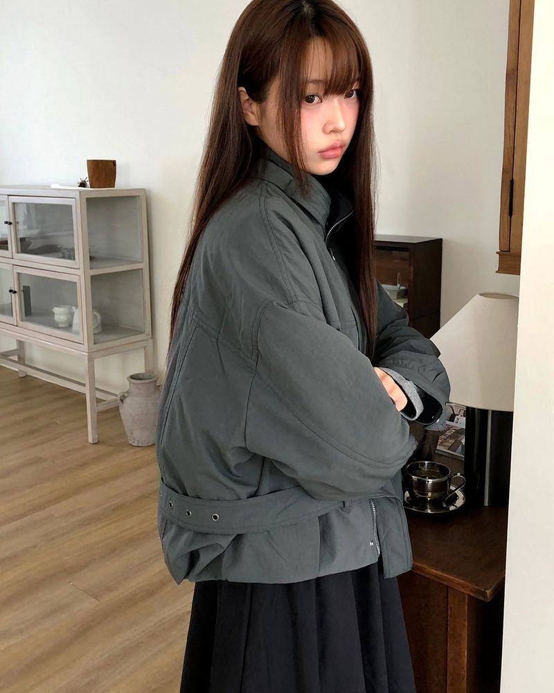 Risha No-Collar Strap Button Quilted Cotton Field Jacket