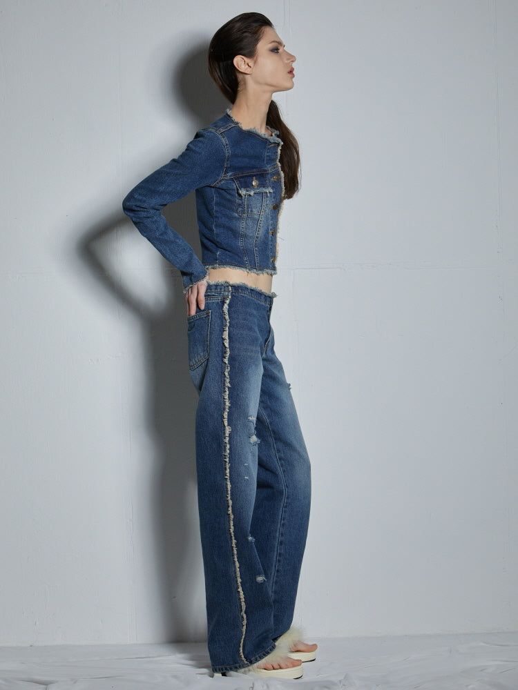 FRINGED DENIM PANTS